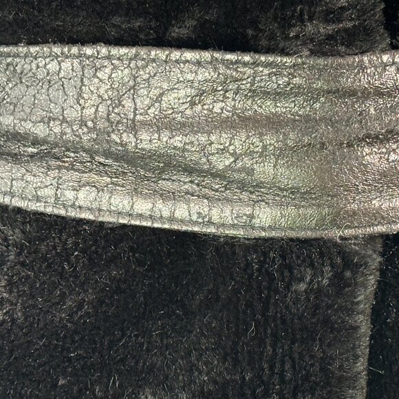 Vintage Faux Fur Trench Coat Boho Mob Wife 2 Tone Black Brown w/Belt  S/M - Picture 5 of 6